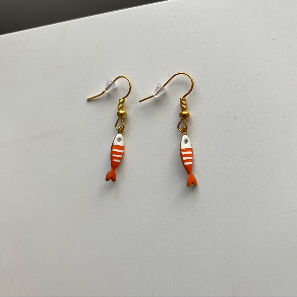 Handmade GOLD STAINLESS STEEL Earrings Striped Sardines Fish Nautical Fairy Cute - Picture 4 of 8